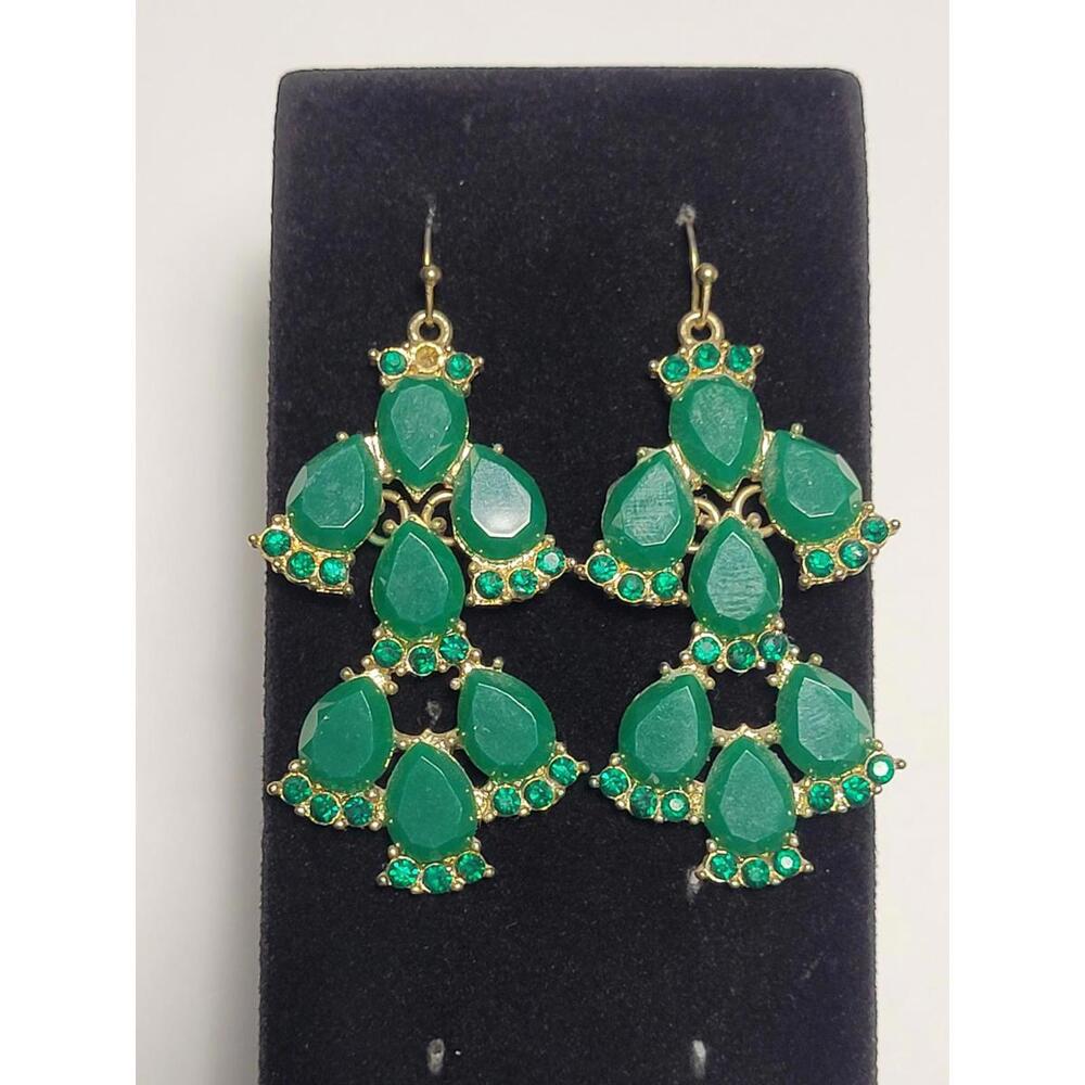 Green Goldtone Chandelier Earrings Teardrop Dangle Rhinestone Crystal Statement